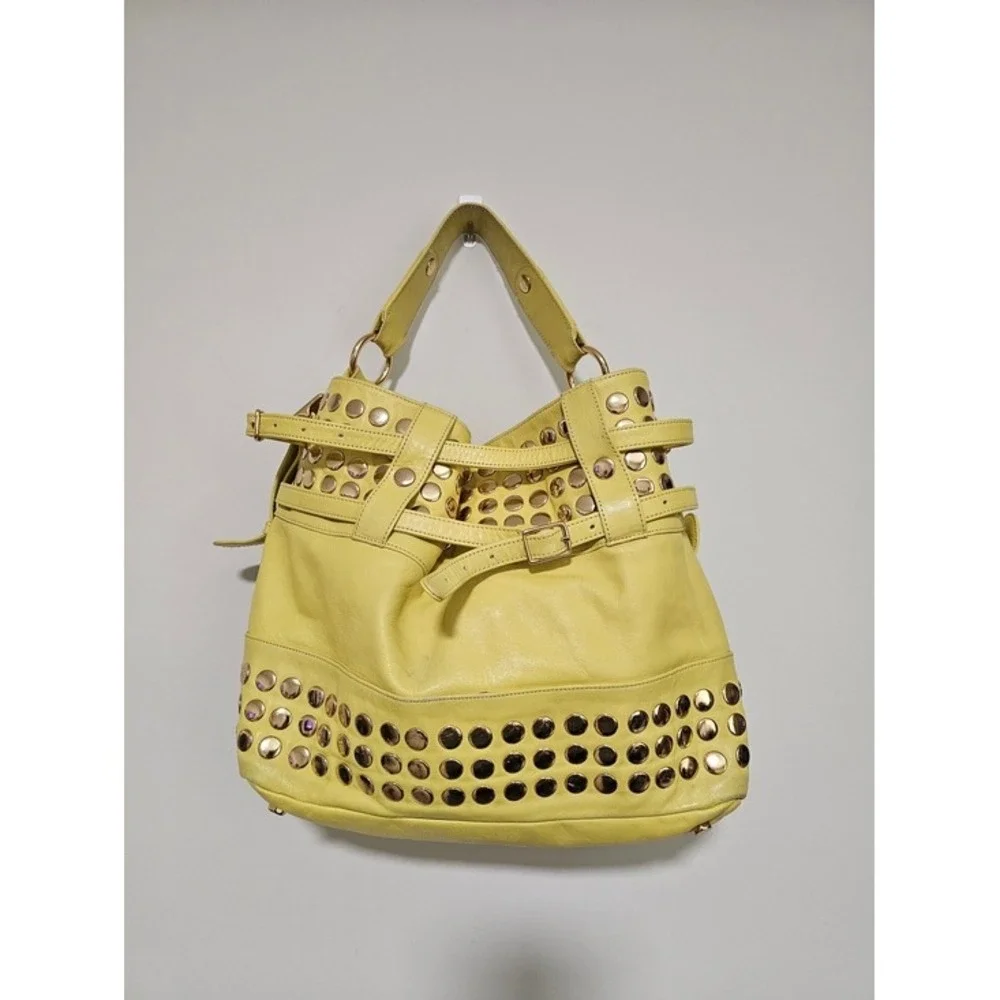 Rebecca Minkoff Devote Tote Leather Hobo Bag Yellow Studded Moto Edgy Y2K Boho ~